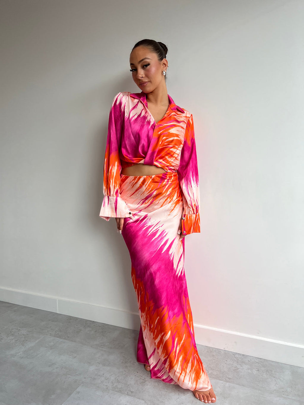Satin Pink & Orange Printed Maxi Skirt Co-ord Set - Amber Fashion UK