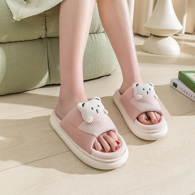Cute Cartoon Bear Slippers Spring And Autumn Fashion Thick-soled  Mute Linen Slipper Women's House Shoes - Amber Fashion UK