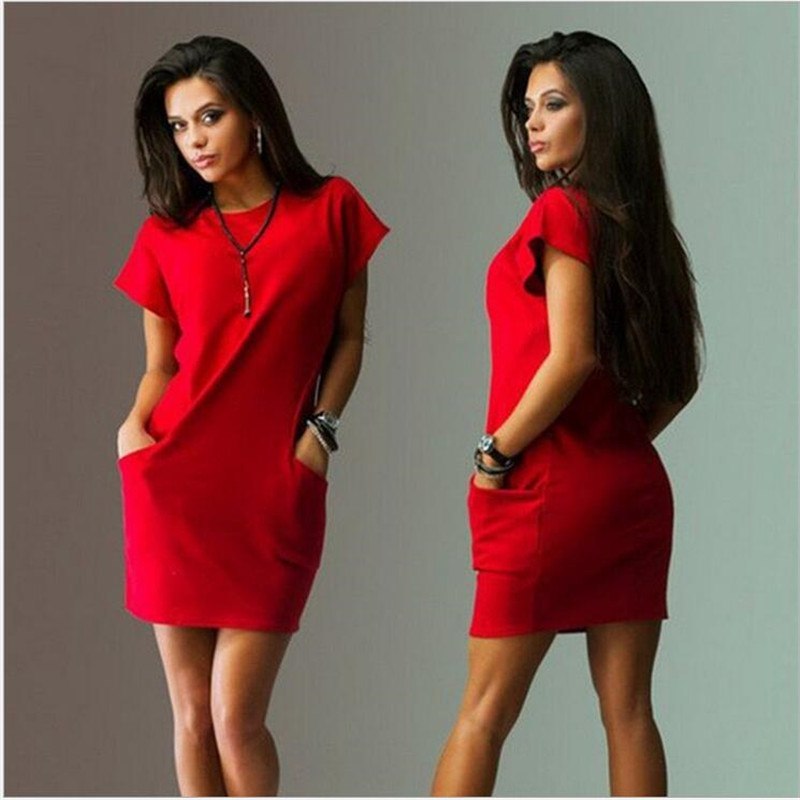 Summer Fashion Women Clothing Casual Short Sleeve O-Neck Black Blue Dresses Slim Pocket Bodycon T Shirt Dress - Amber Fashion UK
