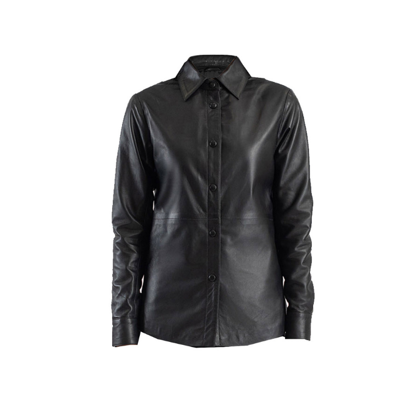 Women's Leather Shirt Collar Leather Jacket | Black