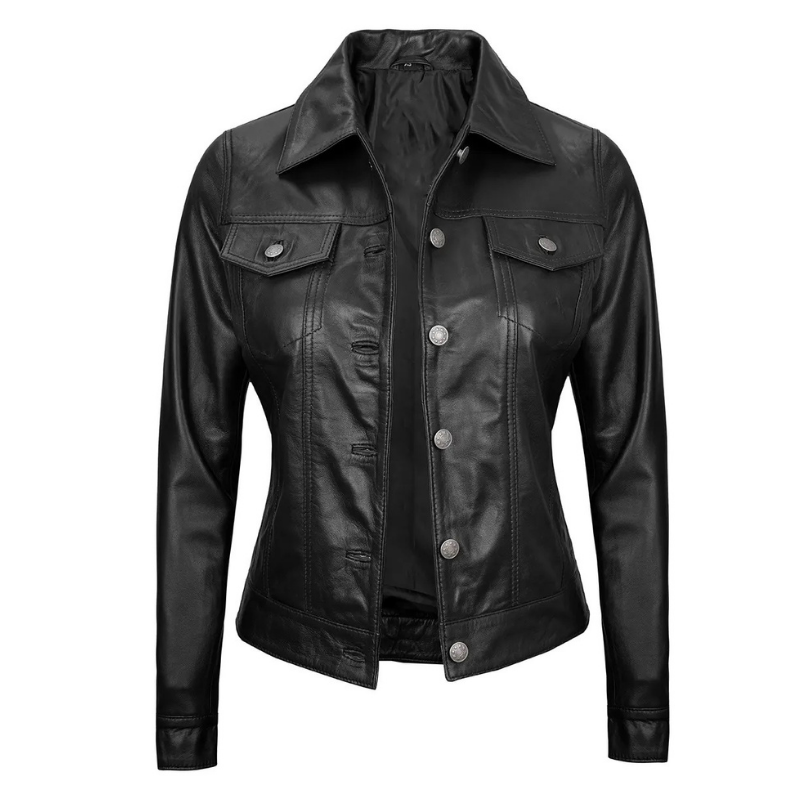 Women's Real Leather Cafe Racer Style Jacket | Black