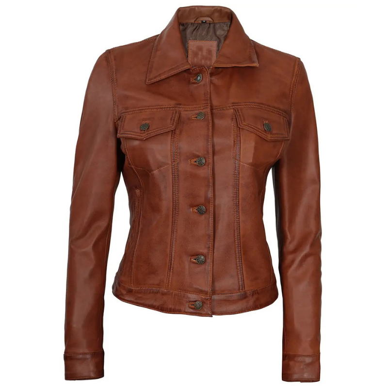 Women's Leather Harrington Moto Trucker Jacket | Brown