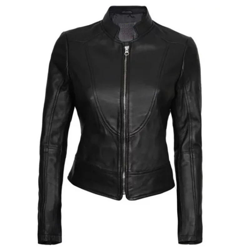Women's Cafe Racer Motorcycle Leather Jacket, Stand Collar, Front Zipper | Black