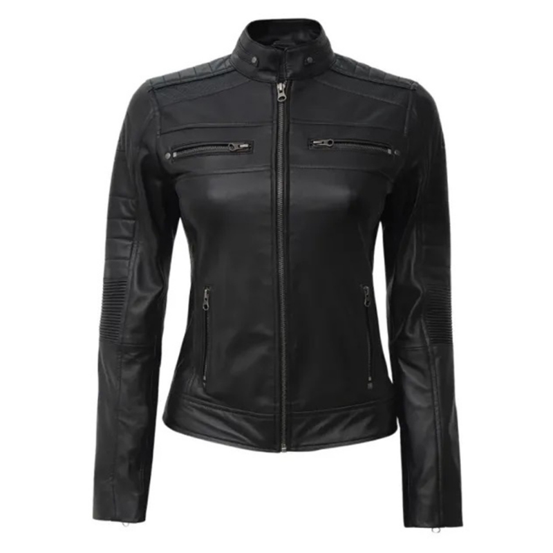 Women's Leather Cafe Racer Biker Jacket with Stand Collar, Padded Shoulders & Sleeves | Black