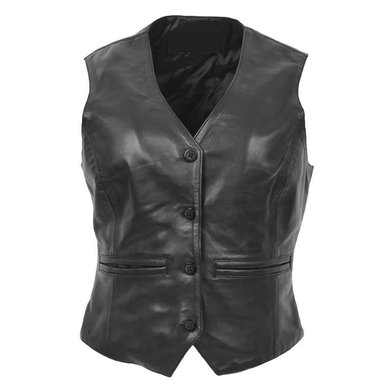 Women's Sheepskin Leather V Neck Vest, 4-Button Closure, Back Adjuster Strap | Black