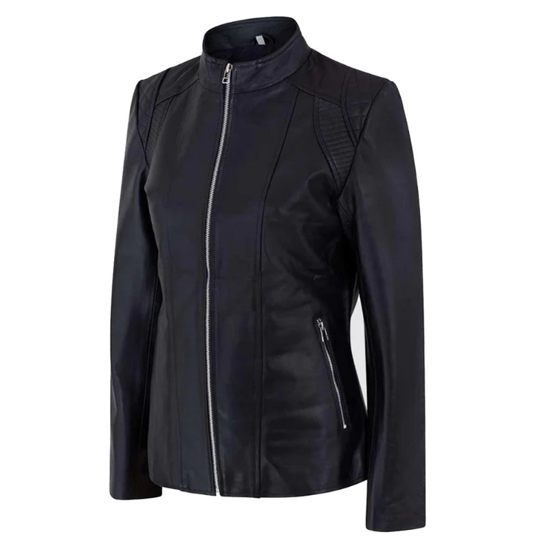 Women's Genuine Café Racer Sheepskin Motorcycle Leather Jacket, YKK Zipper | Black