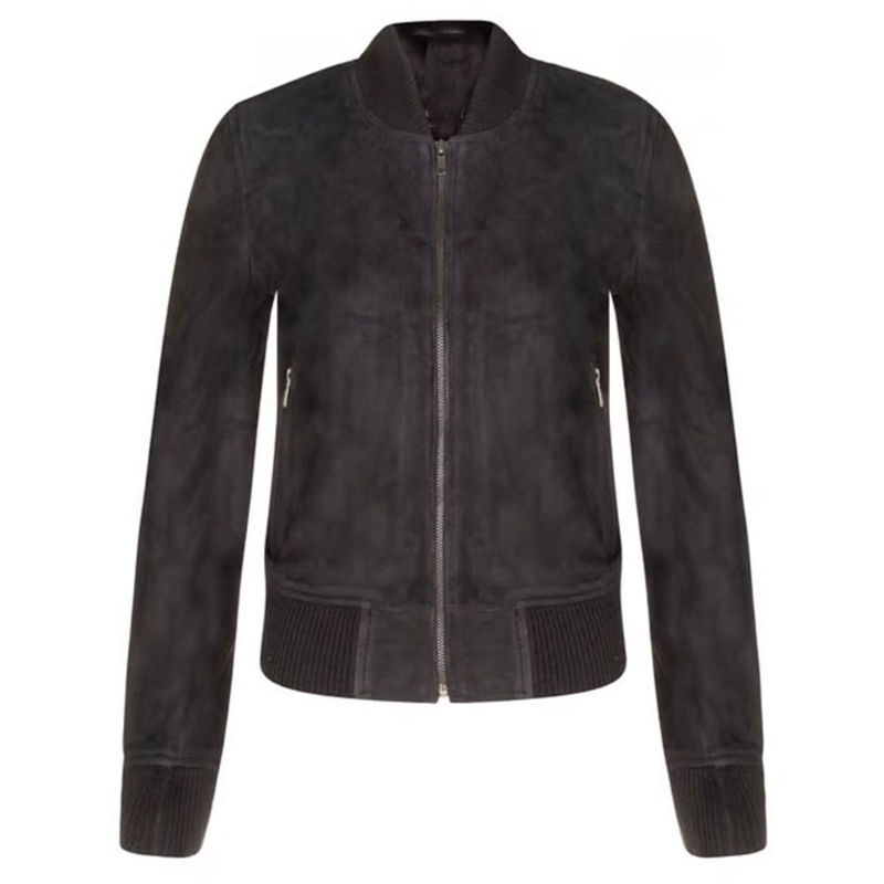 Women's Suede Bomber Leather Jacket, Zip Front, Ribbed Cuffs and Hem | Black