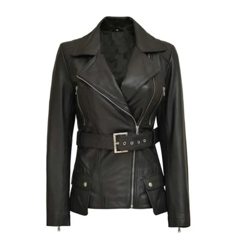 Women's Café Racer Leather Jacket, Belted Waist, Black, Asymmetrical Zip | Black