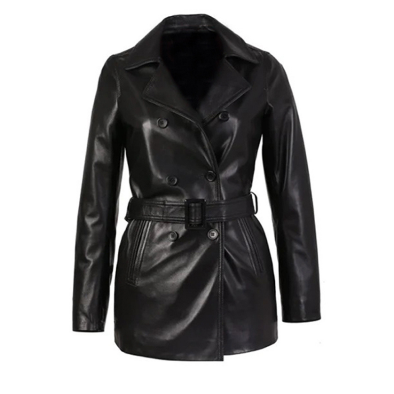 Women's Double-Breasted Leather Trench Coat, Belted Waist | Black