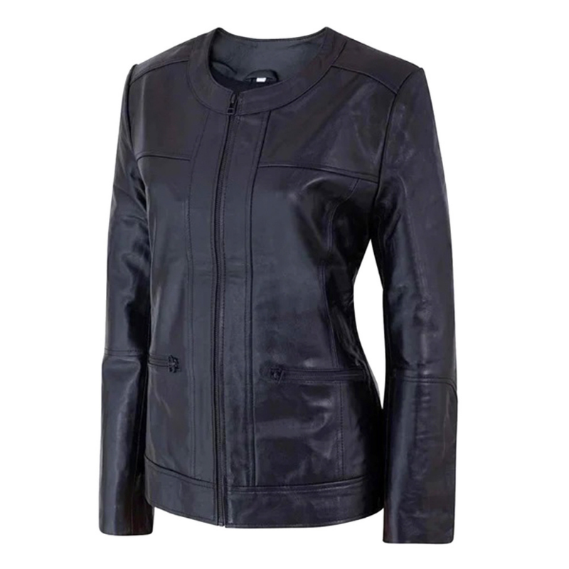 Women's Café Racer Zip-Front Leather Jacket, Collarless Design | Black