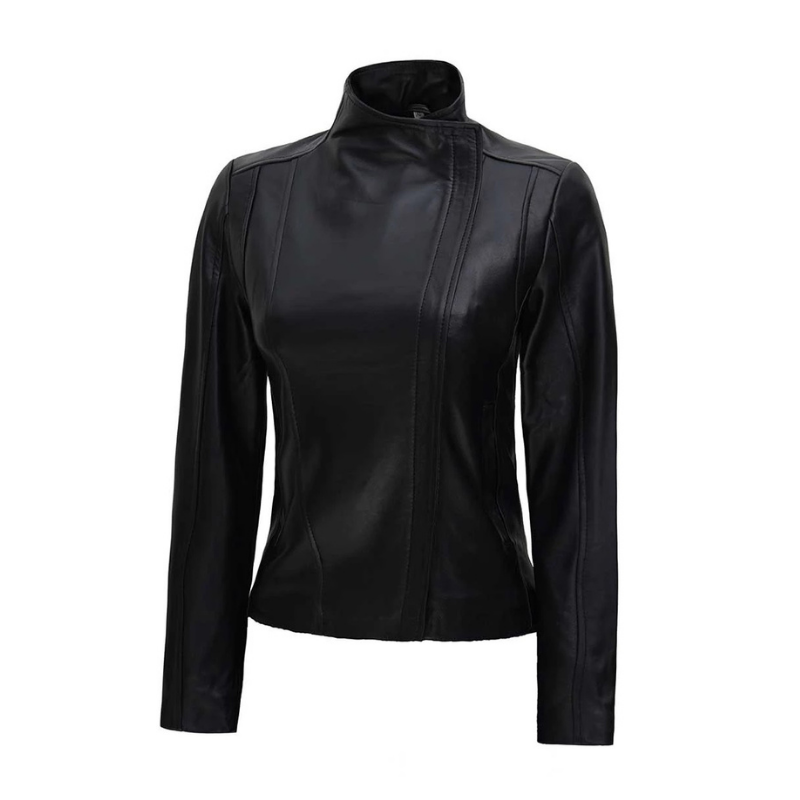 Womens Café Racer High Neck Fitted Leather Jacket | Black