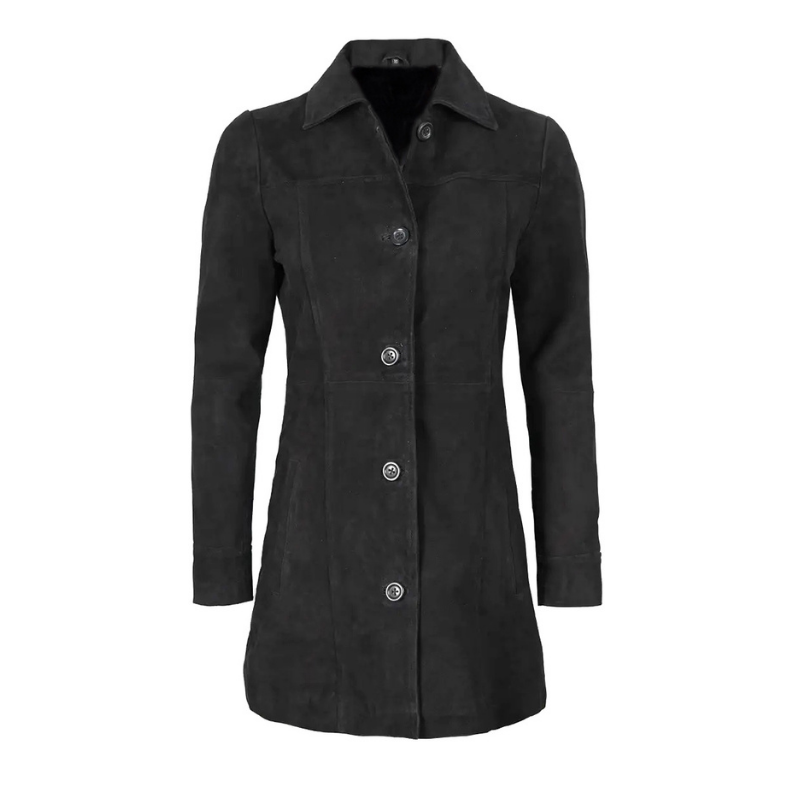 Women's Suede Leather Trench Coat Front Button | Black