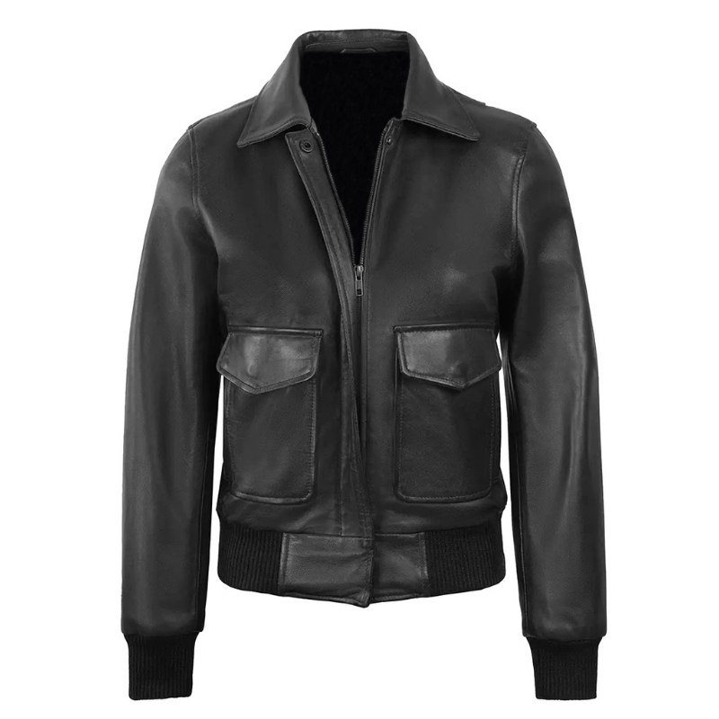 Women's Classic Leather Shirt Collar Bomber Jacket, Zip Front, Ribbed Trim | Black
