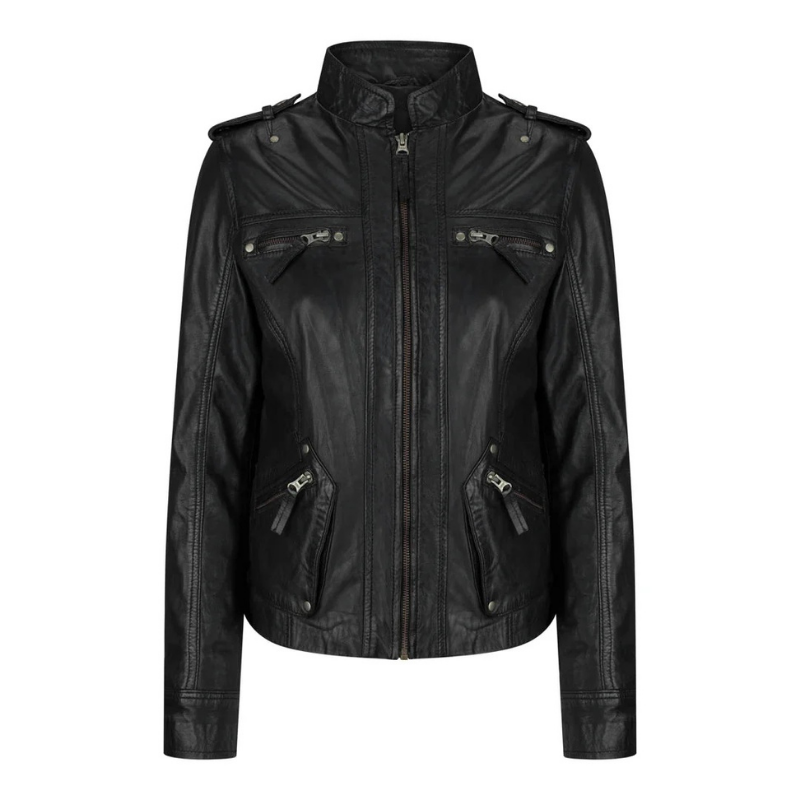 Women's Leather Motorcycle Jacket Multiple Zip Pockets Stand Collar | Black