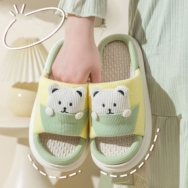 Cute Cartoon Bear Slippers Spring And Autumn Fashion Thick-soled  Mute Linen Slipper Women's House Shoes - Amber Fashion UK