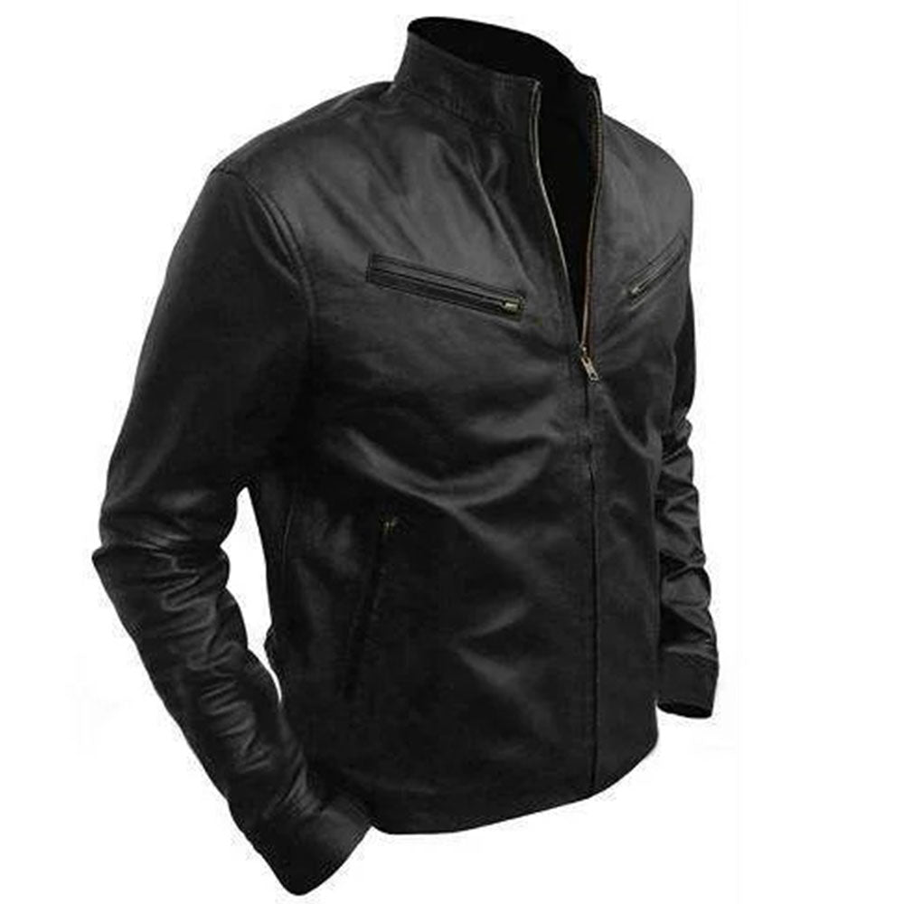 Men's Black Cafe Racer Leather Jacket | Black