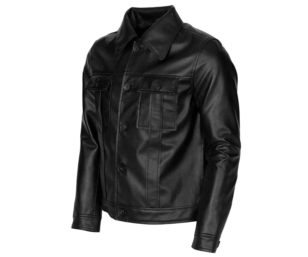 Men's Motorcycle Trucker Style Leather Jacket | Black