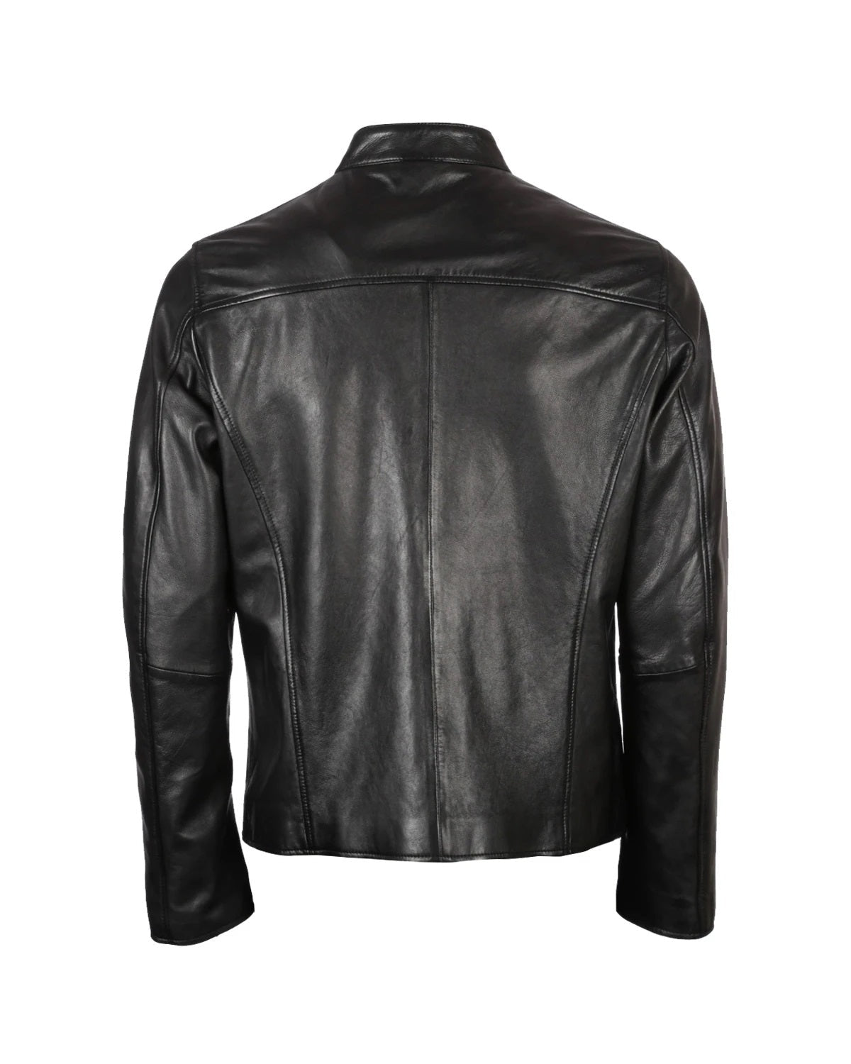Men's Band Snap Tab Collar Biker Leather Jacket | Black