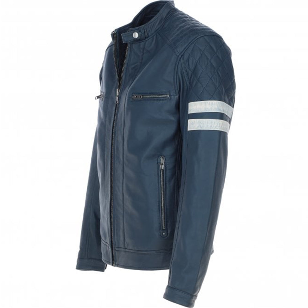 Men's Leather Motorcycle Jacket with Quilted Shoulder & White Stripes | Blue & Black