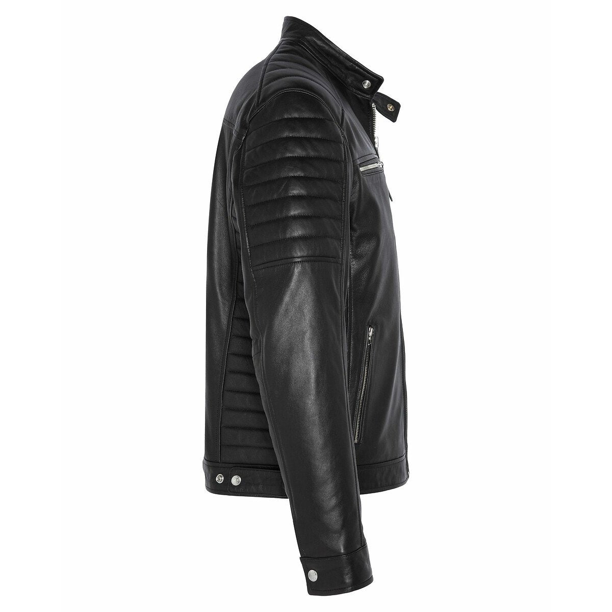 Men's  Leather Jacket with Zippers and Quilted Shoulder | Black