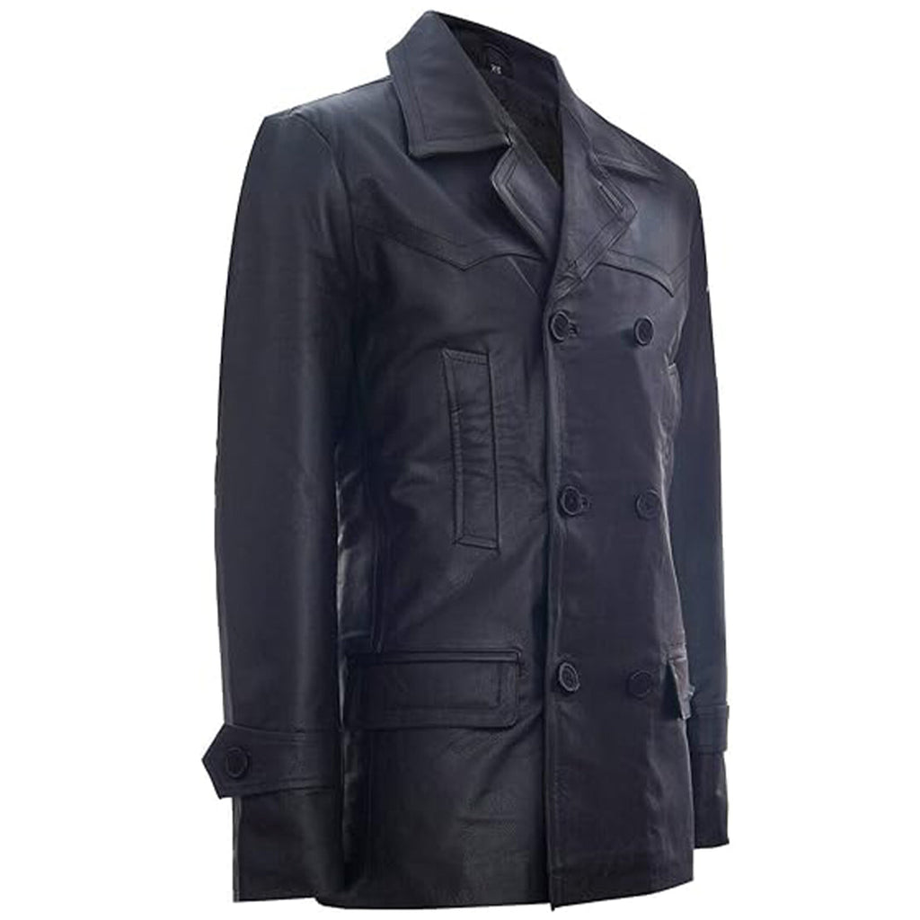 Men's Dr Who Christopher 9th Dr Cosplay Coat, Double Breasted, German Naval, Leather Jacket | Black