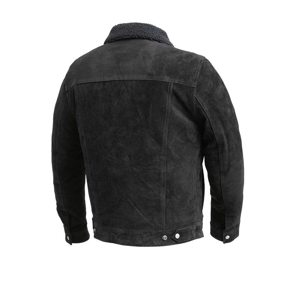 Men's Sherpa Collar Suede Trucker Leather Jacket | Black
