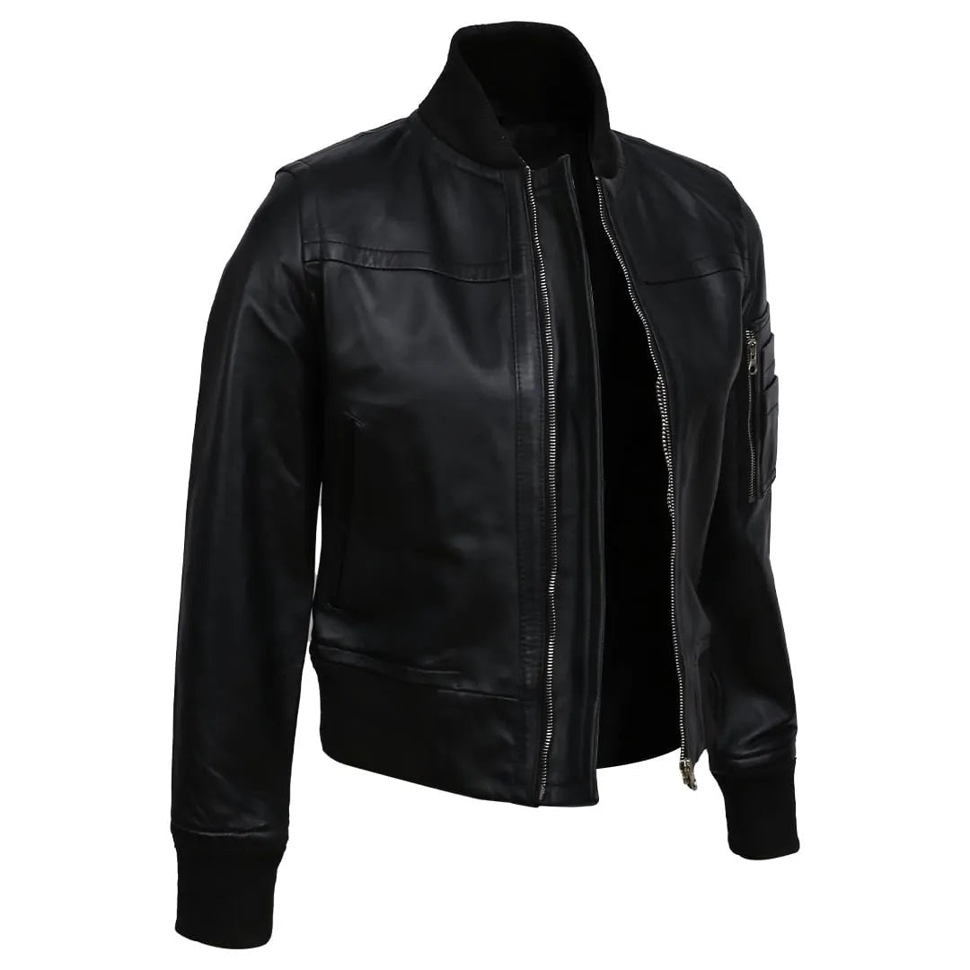 Women's Real Sheep Leather Motorcycle Bomber Jacket | Black