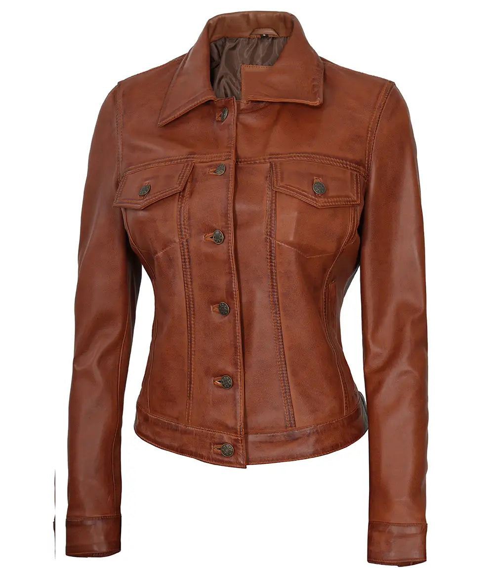 Women's Leather Harrington Moto Trucker Jacket | Brown