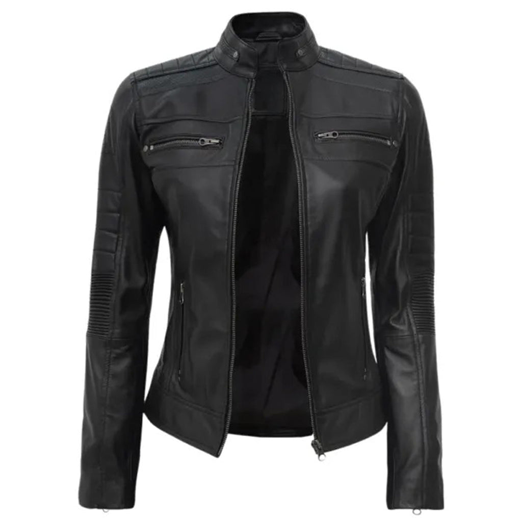 Women's Leather Cafe Racer Biker Jacket with Stand Collar, Padded Shoulders & Sleeves | Black