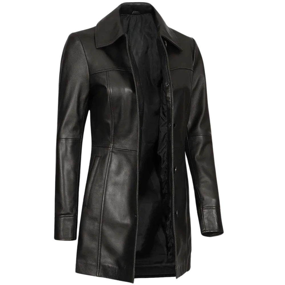 Women's Genuine Lambskin Leather Coat, 3/4 Length | Black