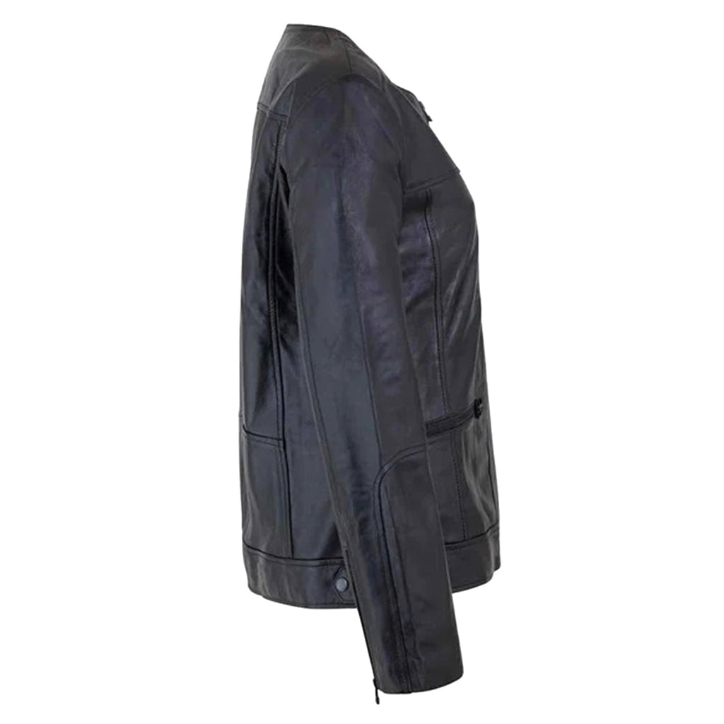 Women's Café Racer Zip-Front Leather Jacket, Collarless Design | Black