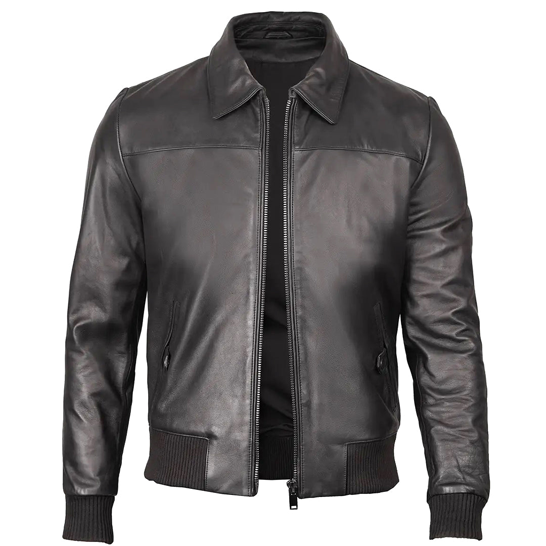 Men's Bomber Leather Jacket  Ribbed Collar & Cuff | Black