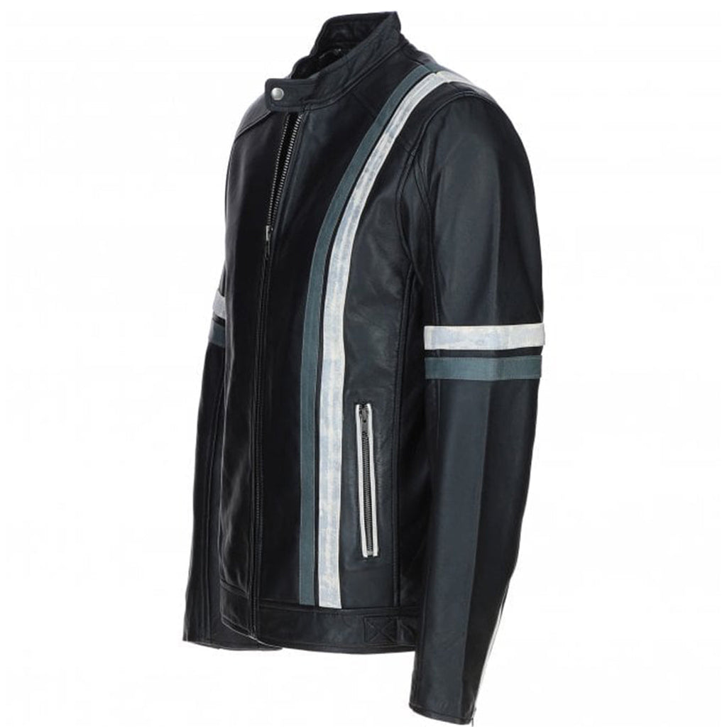 Men's Motorcycle Leather Jacket Gray & White Stripes | Blue & Black
