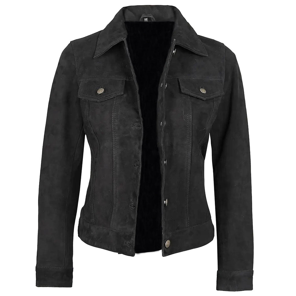 Women's Suede Trucker Leather Jacket | Black