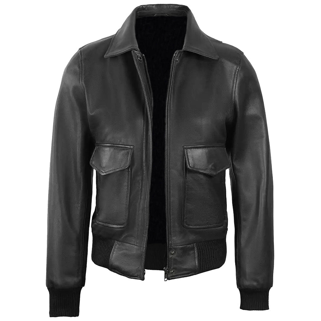 Women's Classic Leather Shirt Collar Bomber Jacket, Zip Front, Ribbed Trim | Black