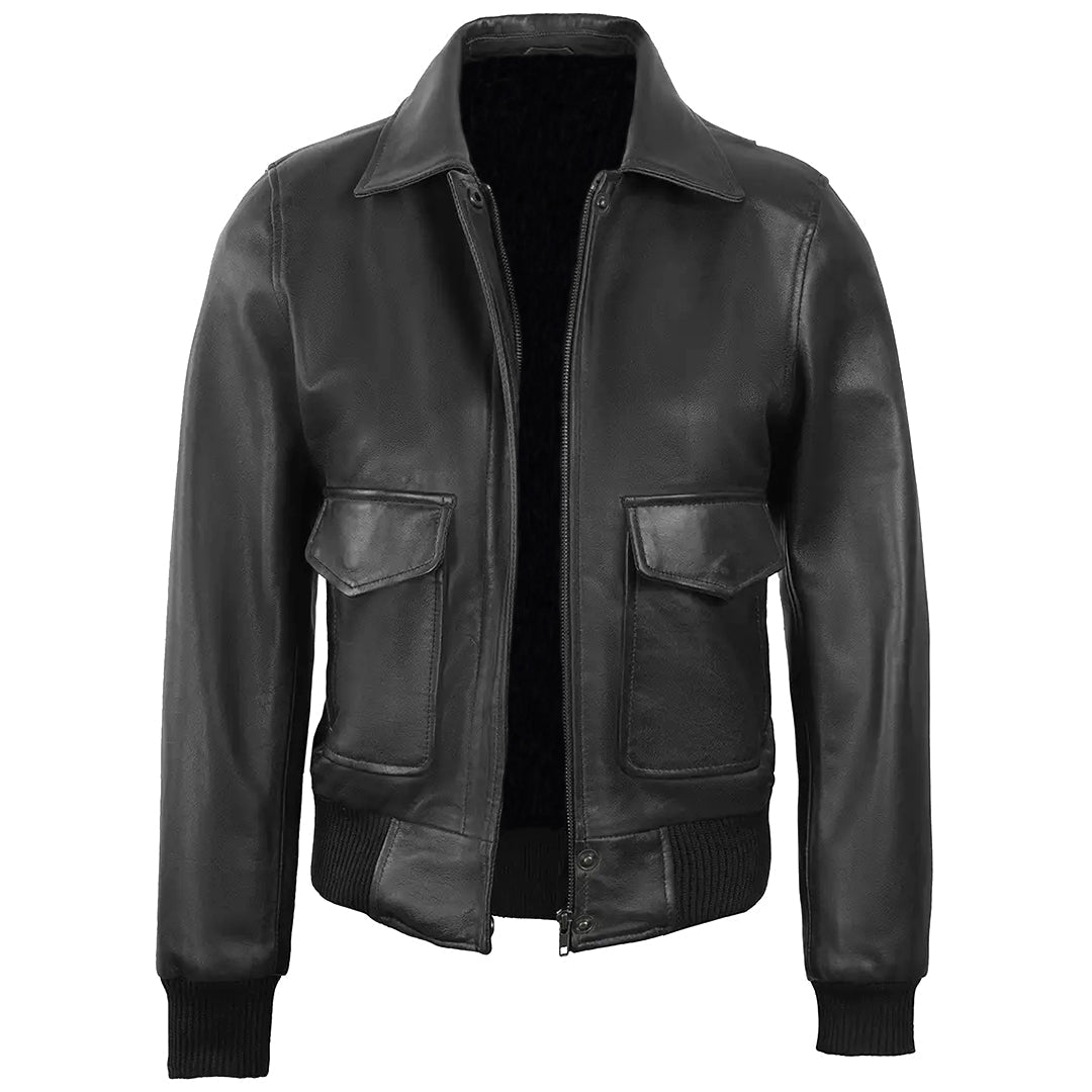 Women's Classic Leather Shirt Collar Bomber Jacket, Zip Front, Ribbed Trim | Black