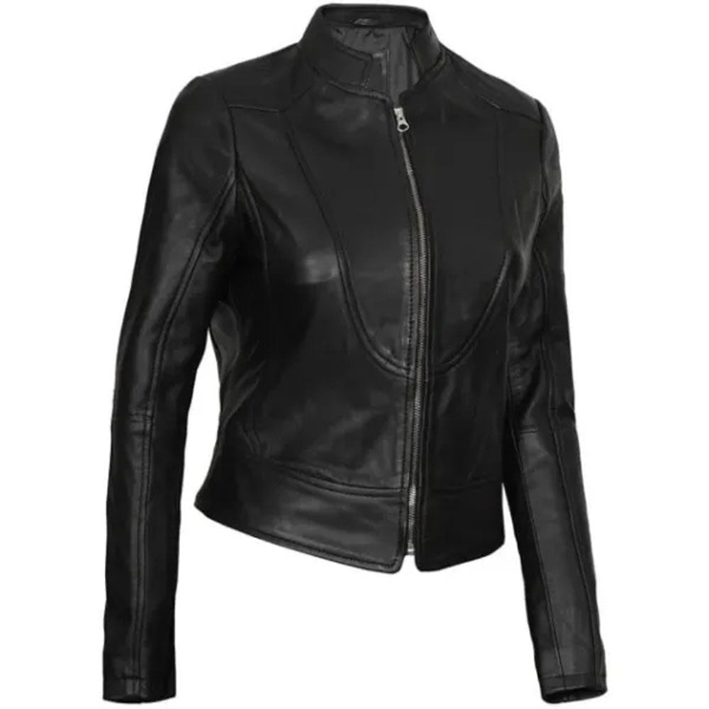 Women's Cafe Racer Motorcycle Leather Jacket, Stand Collar, Front Zipper | Black