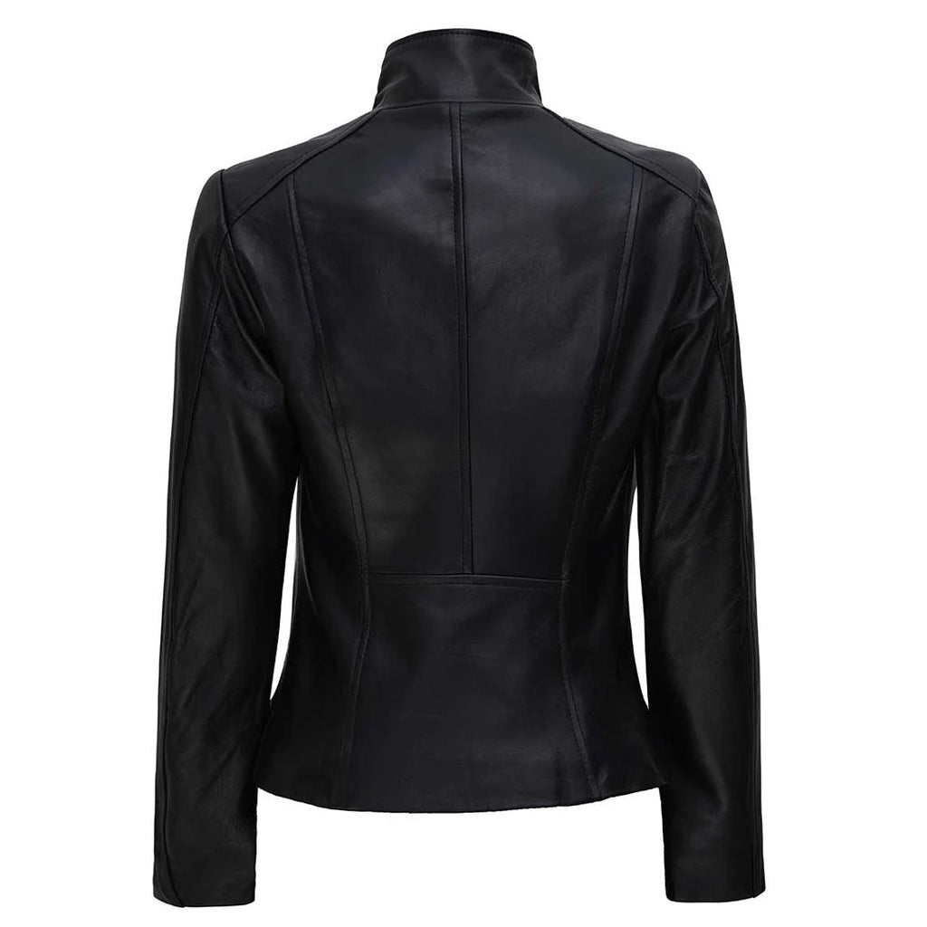 Womens Café Racer High Neck Fitted Leather Jacket | Black