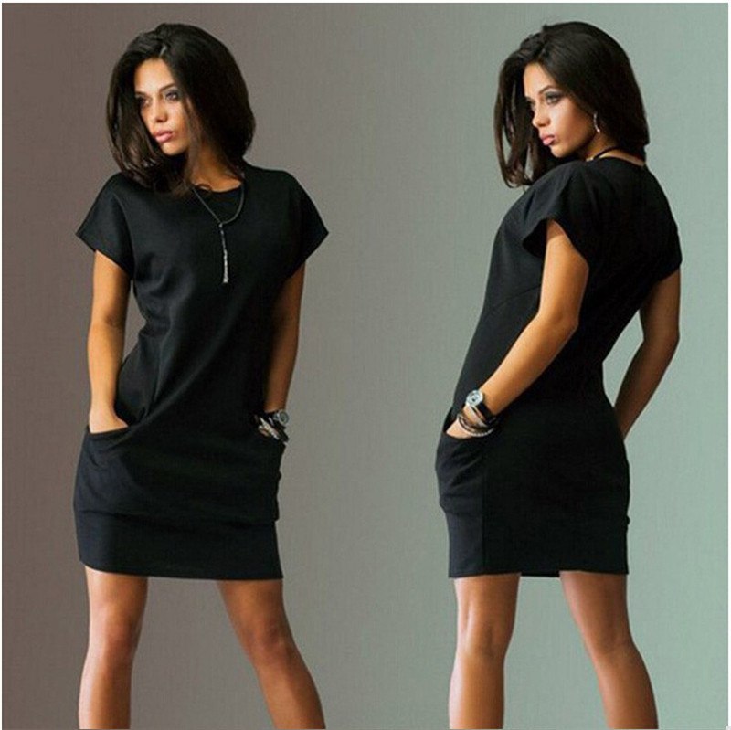 Summer Fashion Women Clothing Casual Short Sleeve O-Neck Black Blue Dresses Slim Pocket Bodycon T Shirt Dress - Amber Fashion UK