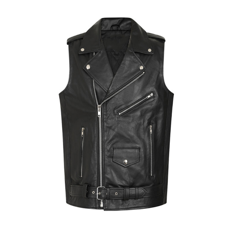 Men's Leather Biker Vest with Zipper, Belted Waist | Black