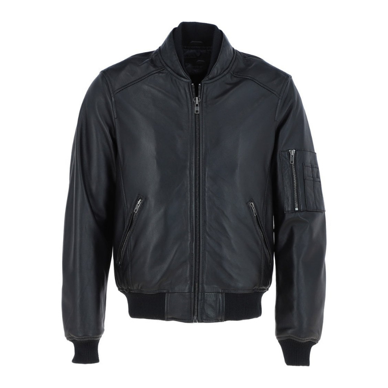 Men's Leather Bomber Jacket, Zip Front, Multiple Pockets | Black