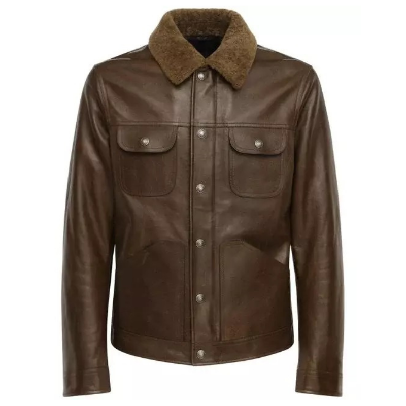 Men's Shiny Leather Jacket with Shearling Collar | Shiny Brown