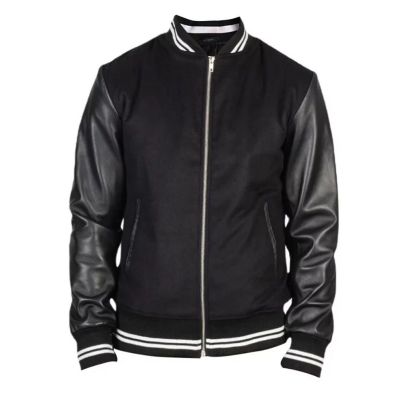 Men's Harrington Bomber Leather Varsity Style Jacket | Black