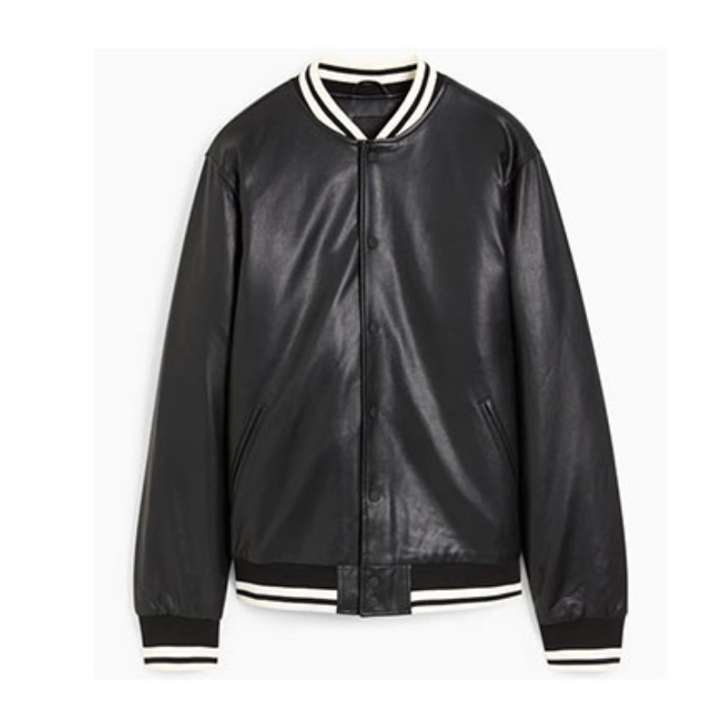 Men's Faux Leather Bomber Varsity Jacket, two side pockets, Black (Also Available in Real Leather) | Black