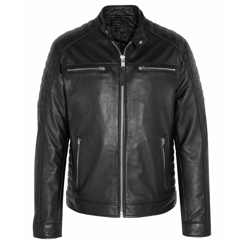 Men's  Leather Jacket with Zippers and Quilted Shoulder | Black