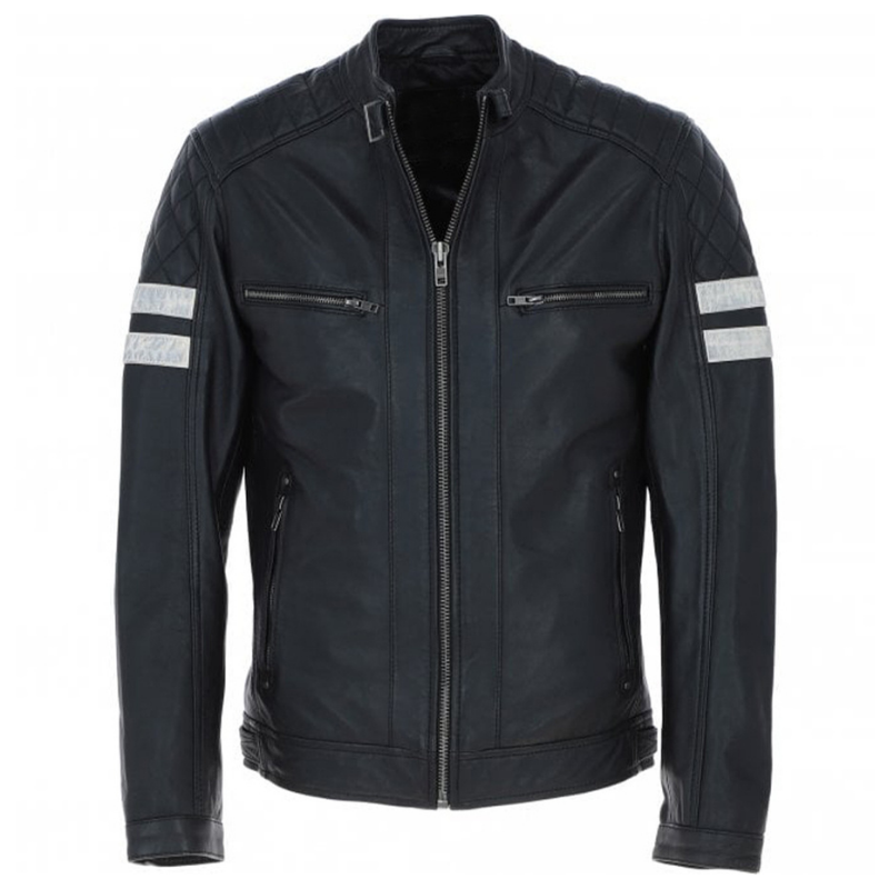 Men's Motorcycle Leather Jacket  Quilted Shoulders, Full Zip | Black & Blue