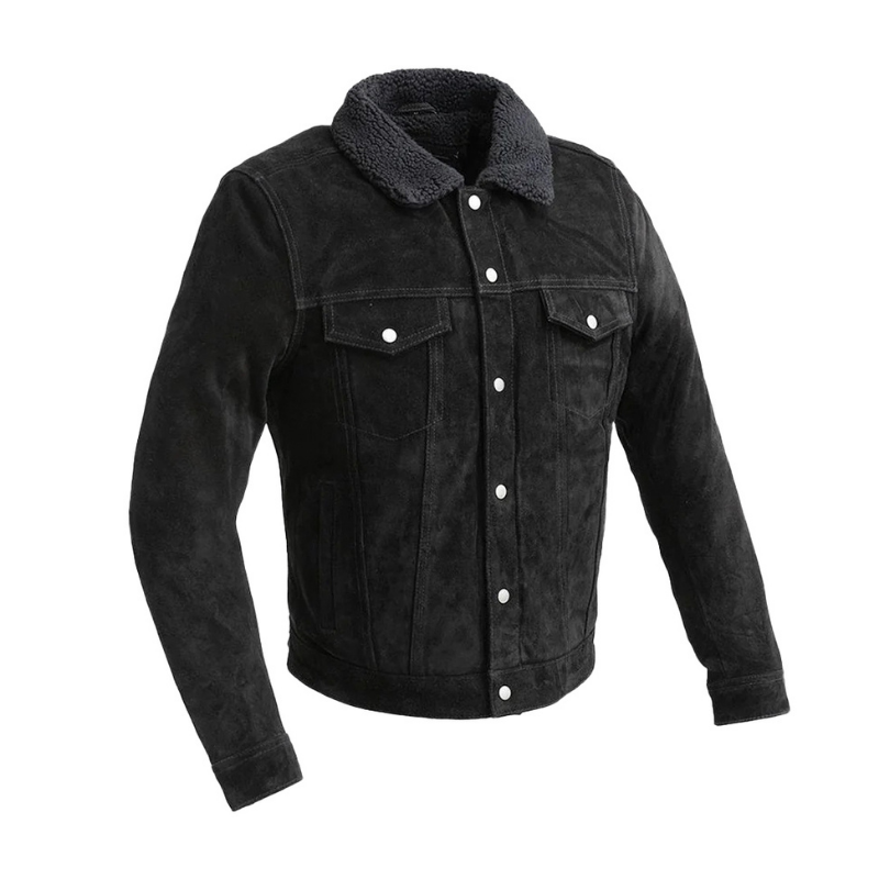 Men's Sherpa Collar Suede Trucker Leather Jacket | Black