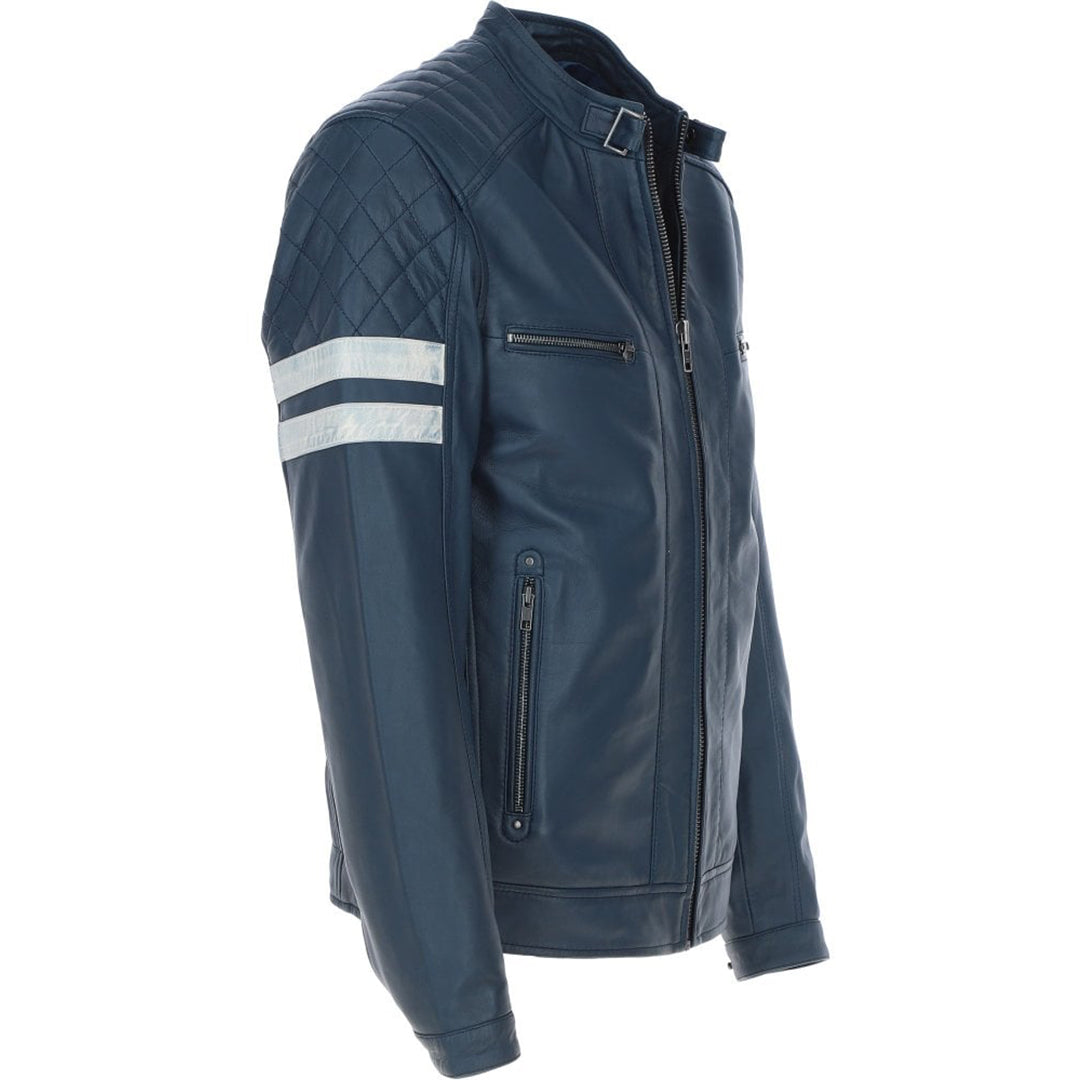 Men's Leather Motorcycle Jacket with Quilted Shoulder & White Stripes | Blue & Black