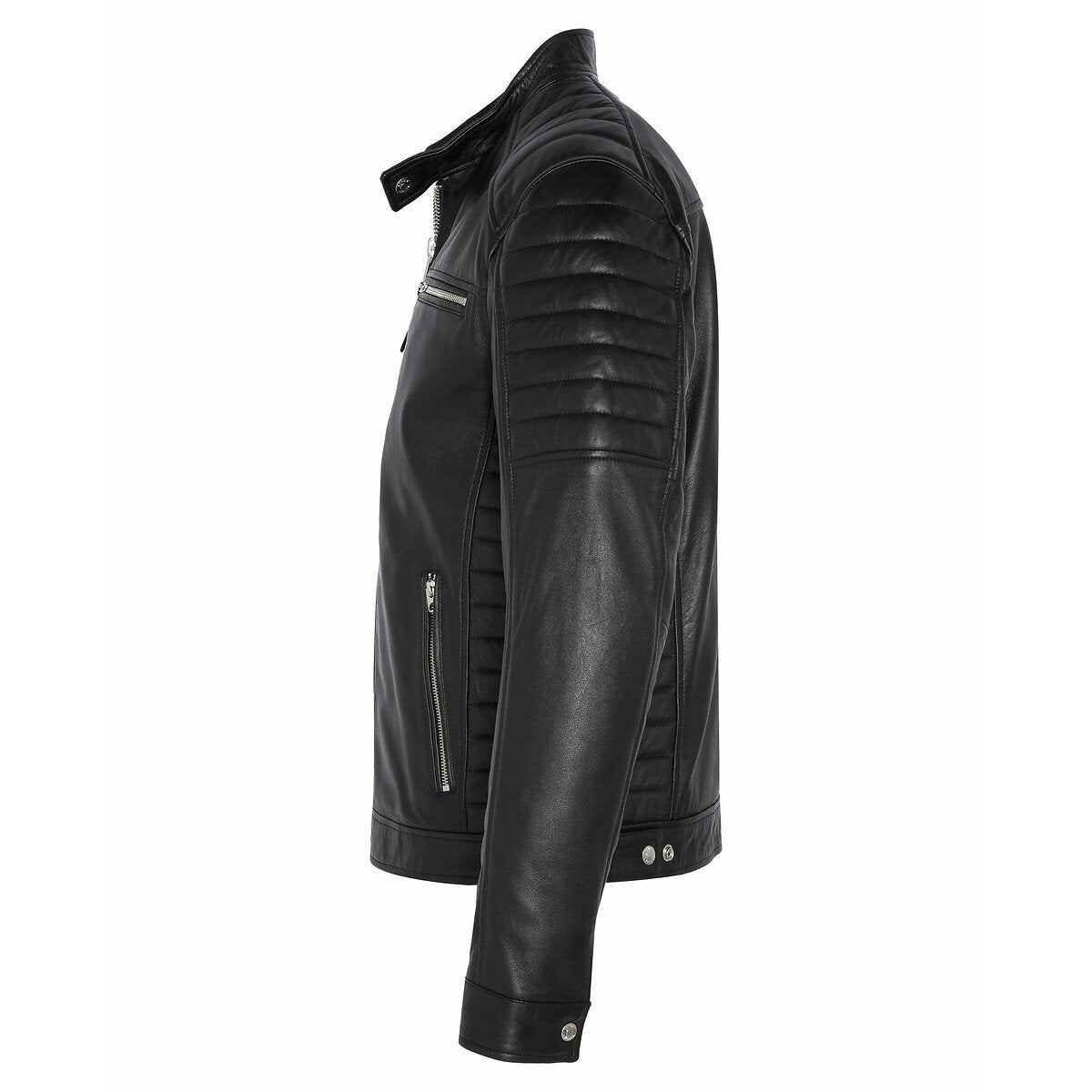 Men's  Leather Jacket with Zippers and Quilted Shoulder | Black