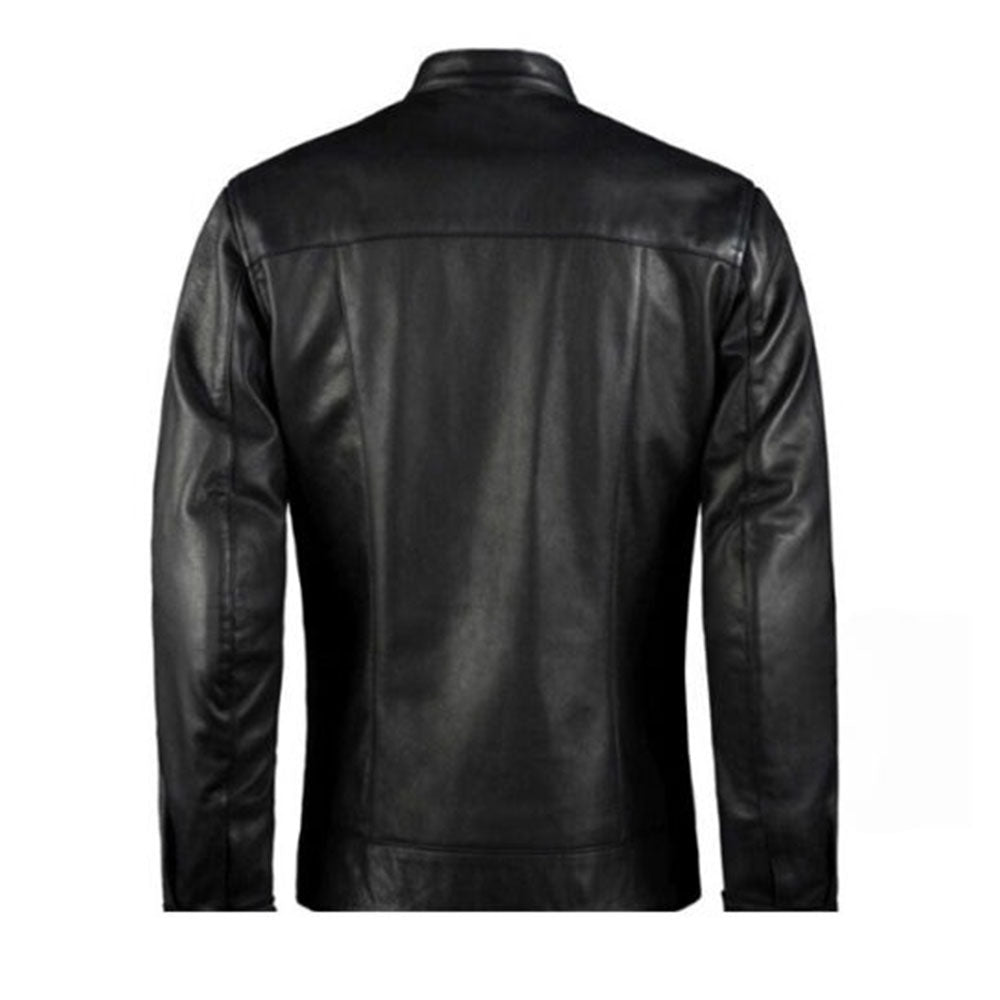 Men's Leather Biker Jacket with Red Stripes, Zip Front | Black